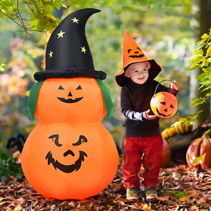 5 ft Inflatable Halloween LED Pumpkin with Witch Hat