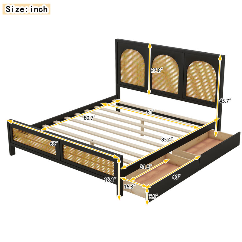 Queen Size Wood Storage Platform Bed With 2 Drawers, Rattan Headboard And Footboard