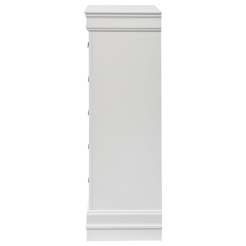 Nim Tall Dresser Chest, 5 Storage Drawers, Classic White Molded Trim - Benzara