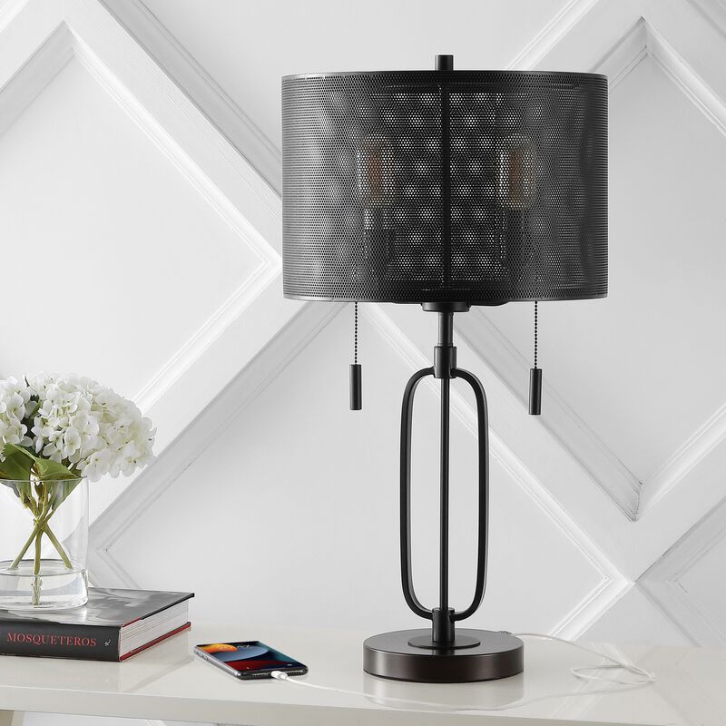 Hank 2-Light Industrial Farmhouse Iron LED Table Lamp with USB Charging Port