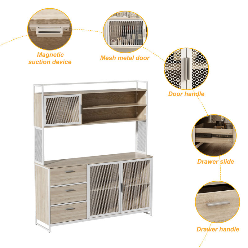 59 in. W Kitchen Beige Wood Buffet Sideboard Pantry Cabinet For Dining Room with Metal Mesh Doors, 3-Drawers, Shelves