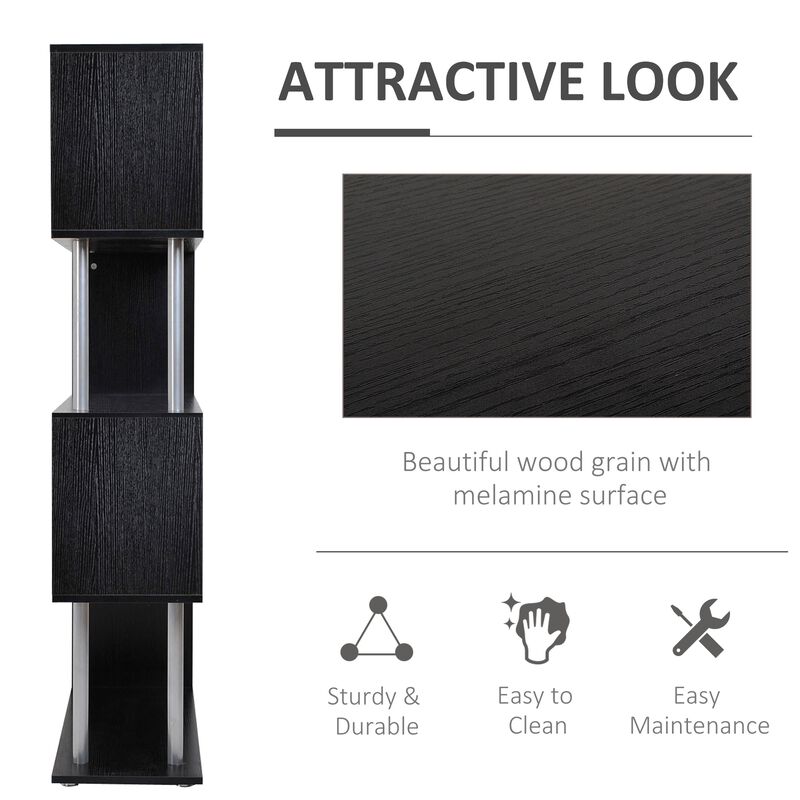 Modern Display Unit: Black 5-Tier S-Shaped Wooden Bookcase for Home/Office