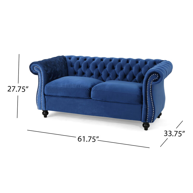 Bernie Loveseat 62 Inch Sofa, Nailhead Trim, Solid Wood, Blue Tufted Fabric - Benzara