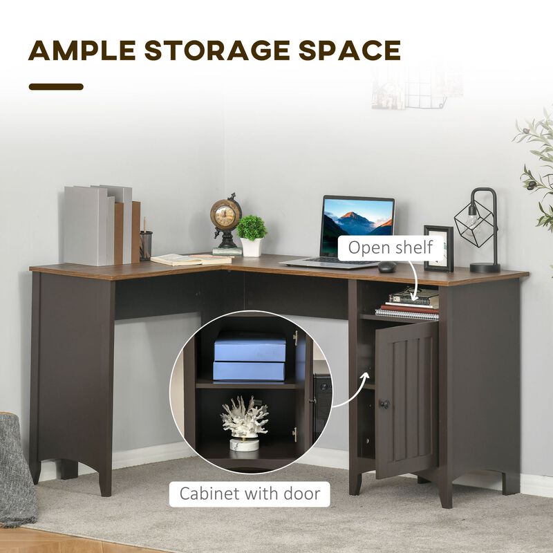 Coffee Walnut Workspace: L-Shaped Desk with Hutch and Storage