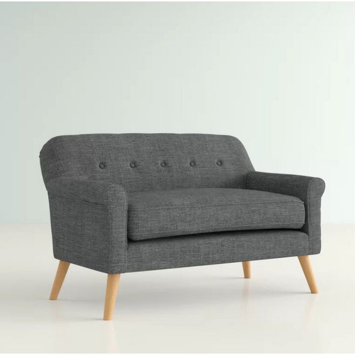 Loveseat, 50 Inch Smooth Tufted Gray Polyester, Natural Brown Wood - Benzara