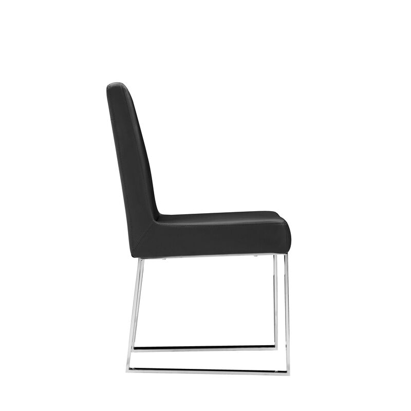 Ien 25 Inch Dining Chair Set of 2, Armless, Black Faux Leather, Chrome - Benzara