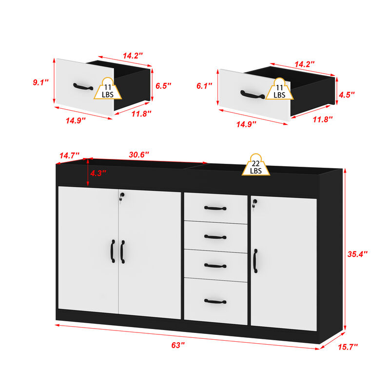 FUFU&GAGA Black and White Bookshelf with 4 Drawers and 3 Doors, Particle Board Construction with Laminate Finish (47.2" W x 31.5" H x 15.7" D), White