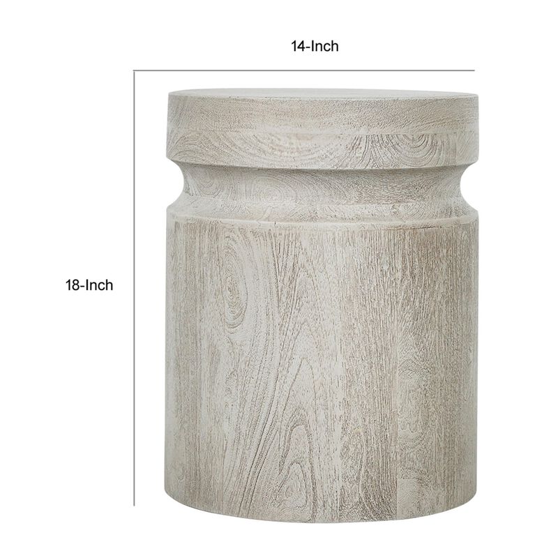 Benjara Kiv 18 Inch Side End Table, Round Mango Wood Top, Carved Accent Base, Gray, Cream