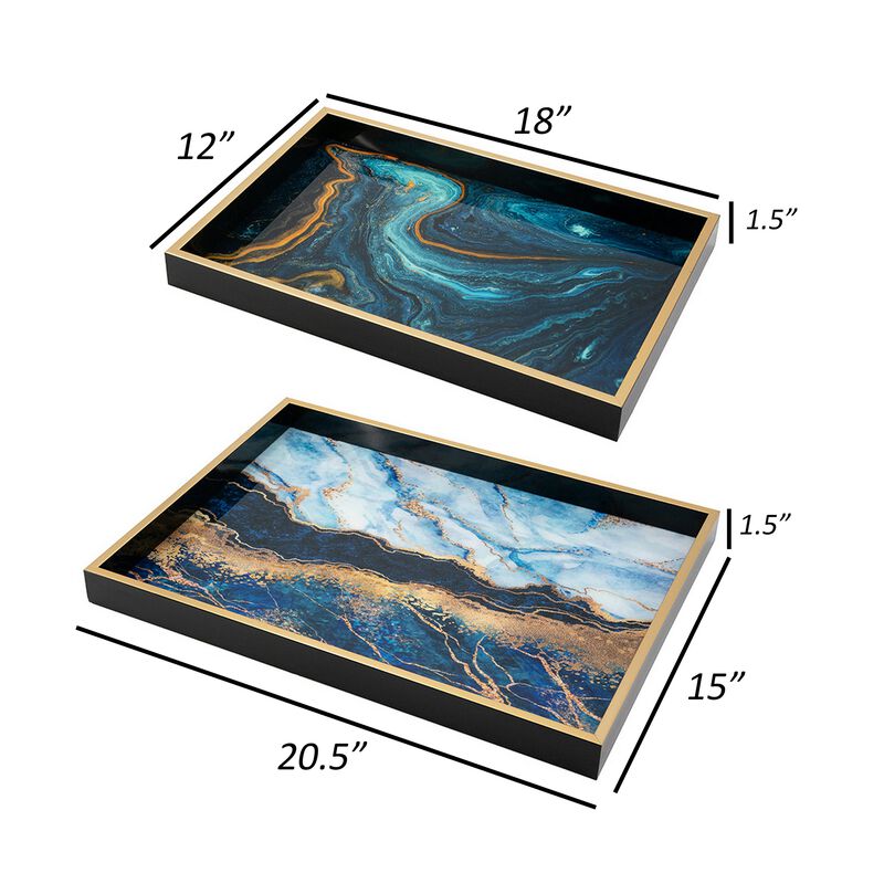 Set of 2 Rectangular Decorative Trays, Tall Rims, Faux Marble, Blue, Gold - Benzara