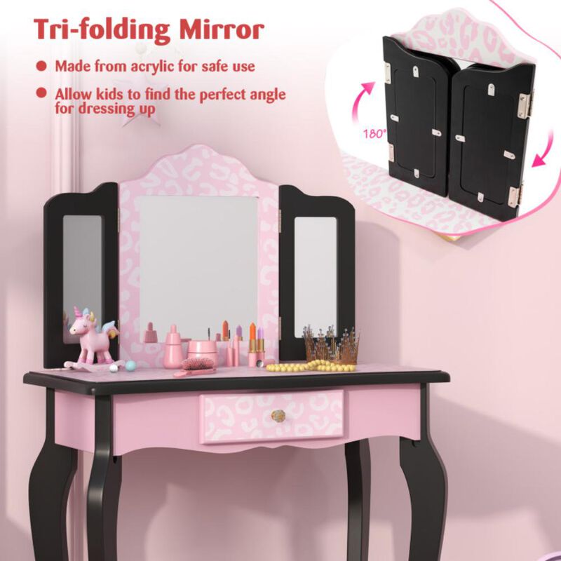 Hivvago 2 in 1 Princess Dressing Table Writing Desk with Cute Leopard Print 3 Makeup Accessories-Pink