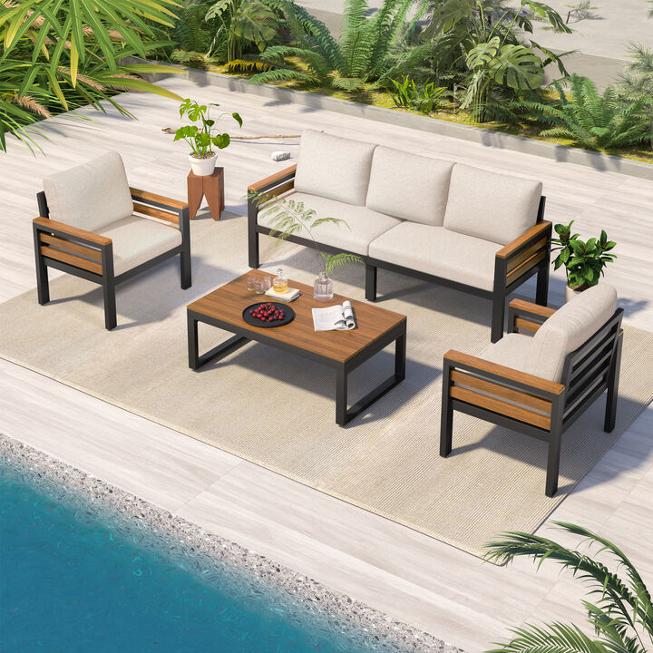 Whisen 4-Piece Outdoor Furniture Sofa Set, Patio Conversation Set with Removable Cushion and Solid Wood Coffee Table