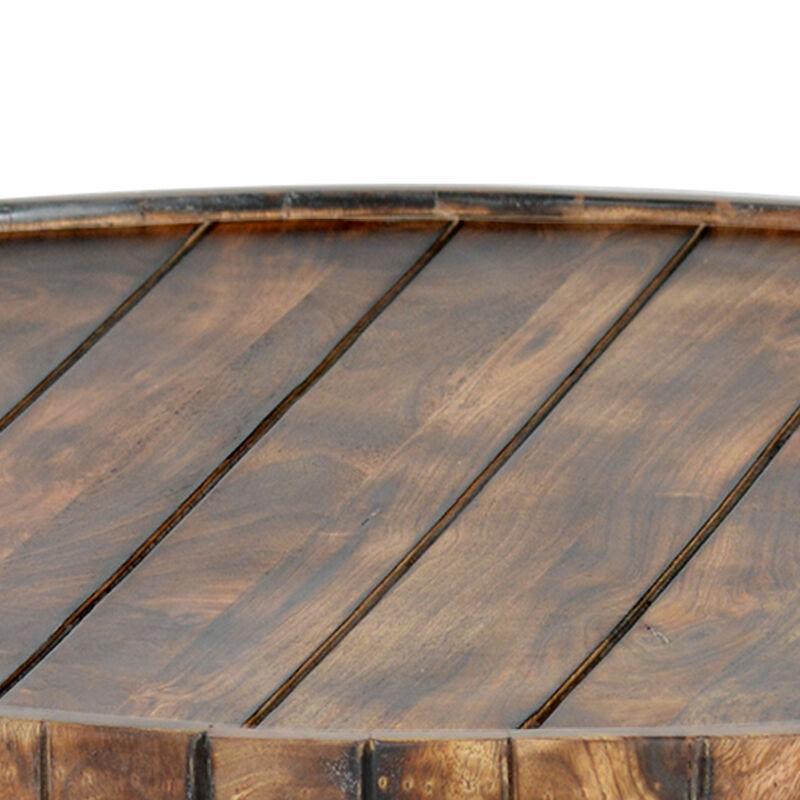 34 Inch Handmade Wooden Round Coffee Table with Plank Design, Burned Brown-Benzara