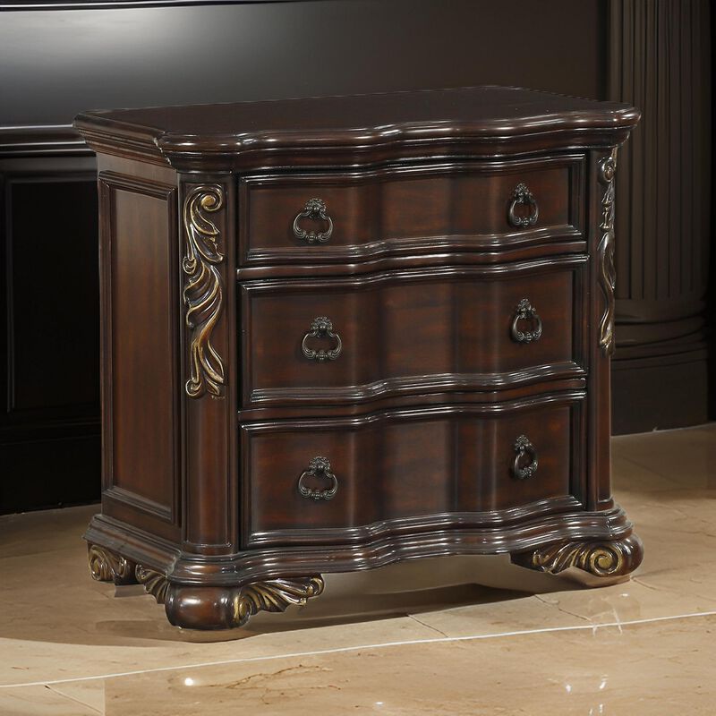 3 Drawer Nightstand with Carved Pilaster and Bracket Feet, Cherry Brown - Benzara