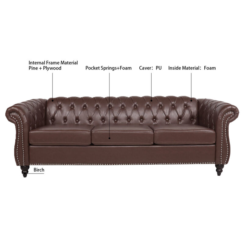 Dark Brown PU Rolled Arm Chesterfield Three Seater Sofa