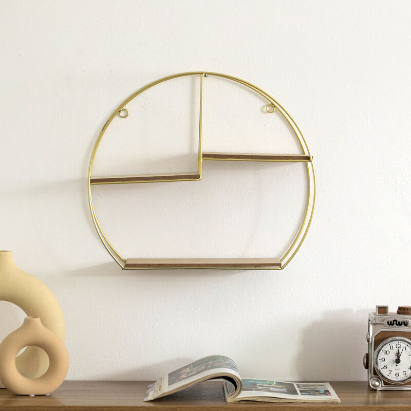 Vintiquewise Elegant 3-Tier Decorative Floating Geometric Arc Wall Shelf - Semi-Circular Metal and Wood Wall-Mounted Shelf for Entryway, Bathroom, Bedroom, and Living Room Decor, Gold Finish
