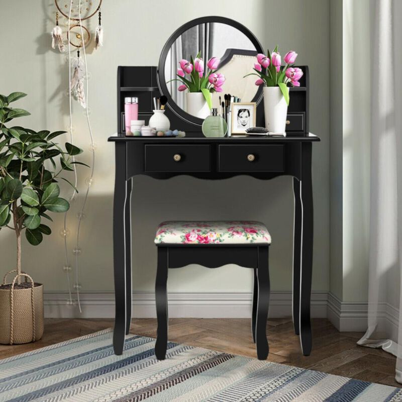 Hivvago Makeup Vanity Table Set Girls Dressing Table with Drawers Oval Mirror