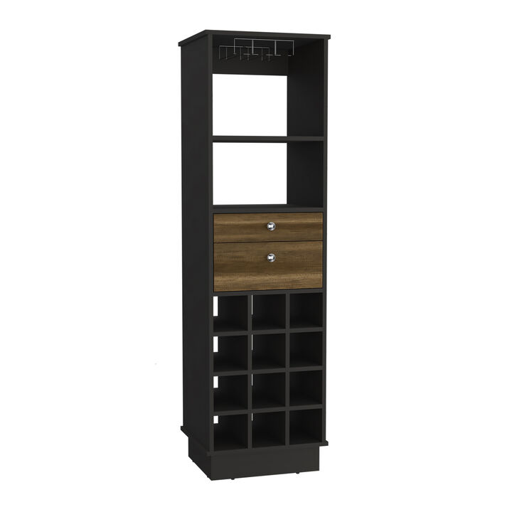 DEPOT E-SHOP Zircon Bar Cabinet, Twelve Built-in Wine Rack, Two Drawers, Black/Walnut
