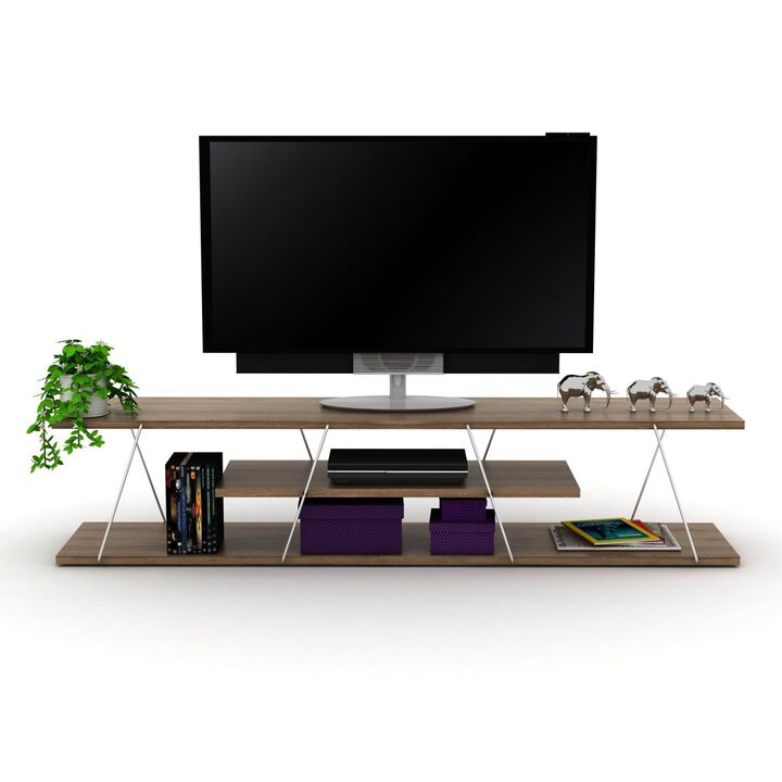 Store Tars Mid Century Modern Tv Stand 4 Shelves Open Storage Metal Cords Entertainment Centre 56 inch Low Tv Unit, Walnut/Chrome