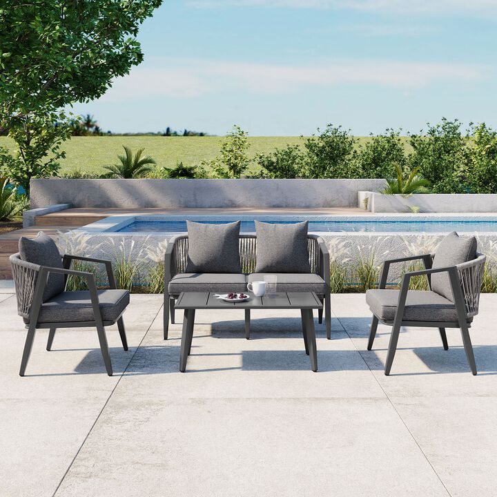 Mondawe 4-Piece Iron Outdoor Patio Sofa Leisure Set,W/ 2 Single Chairs,Double Chair & Table