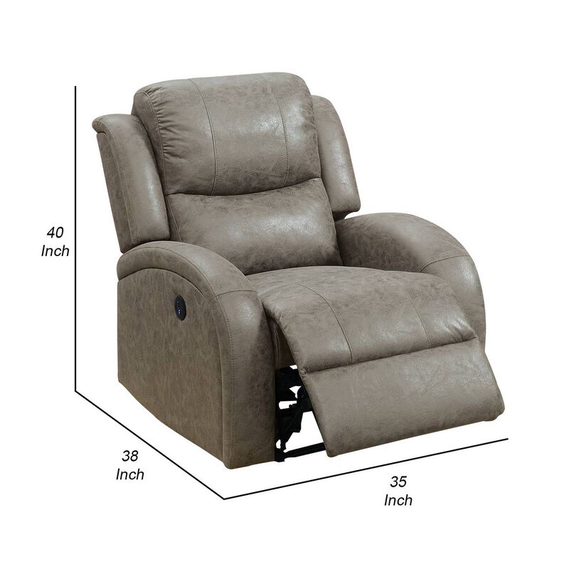 40 Inch Vegan Faux Leather Power Recliner with USB Port, Stone Gray - Benzara