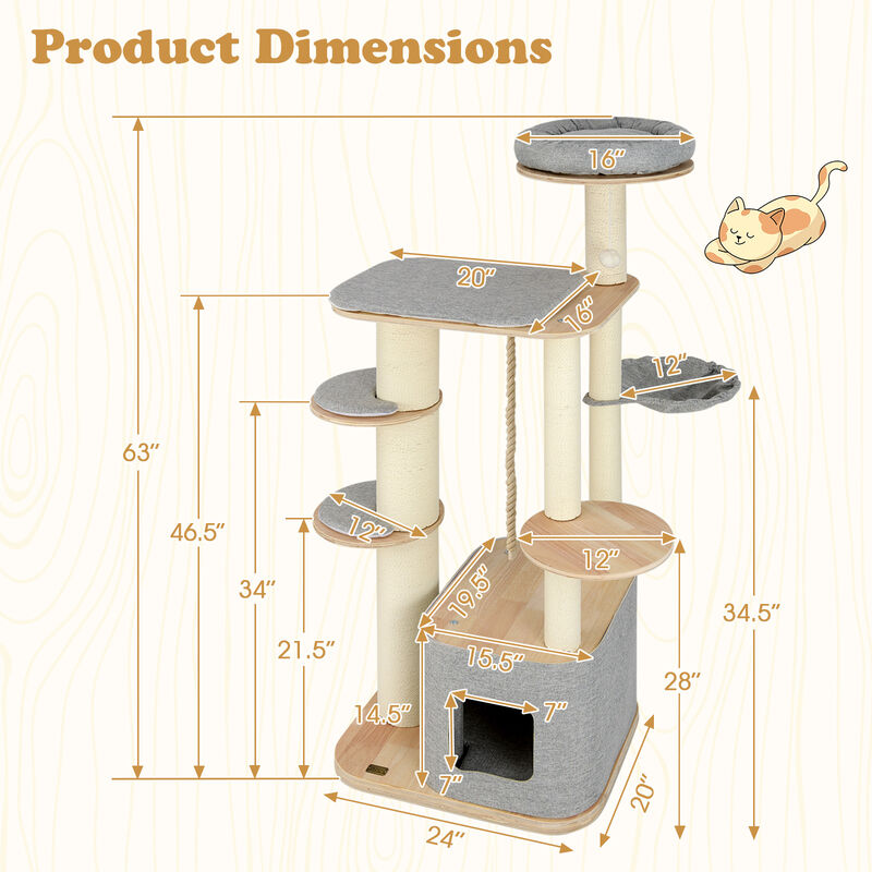 Tall Cat Tree Modern Wooden Cat Tower with Perch Condo Hammock