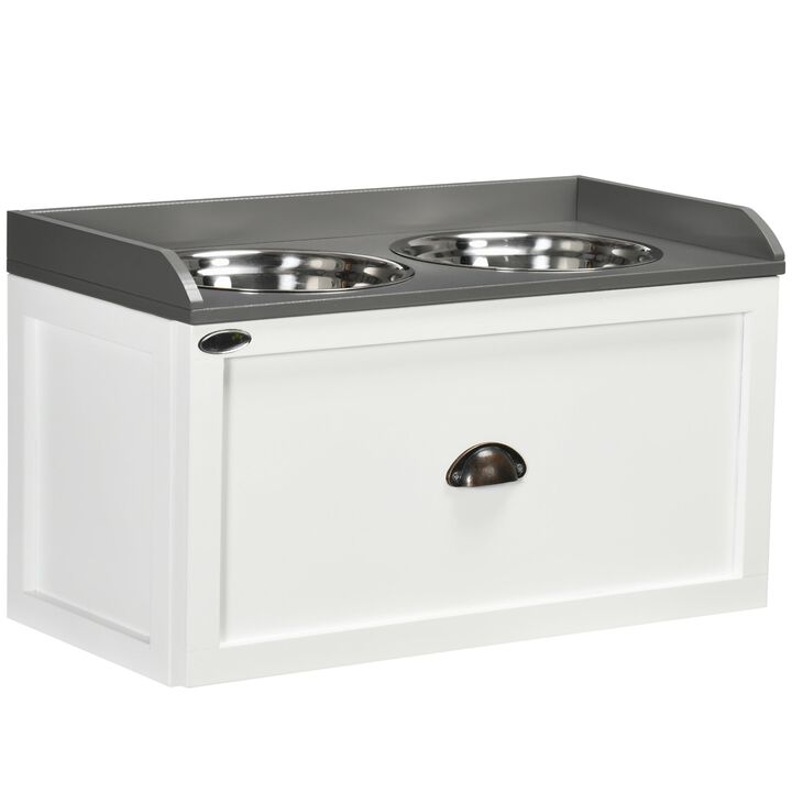 White Pet Feeder: Raised Dish Set with Storage Drawer & Steel Bowls