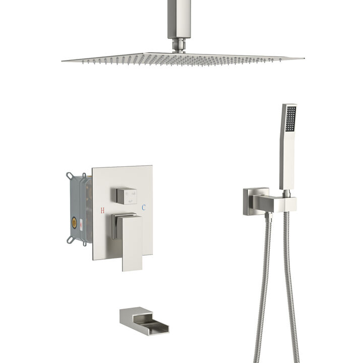 12" Rain Shower Head Systems With Waterfall Tub Spout, Light Brushed Nickel, Ceiling Mounted Shower