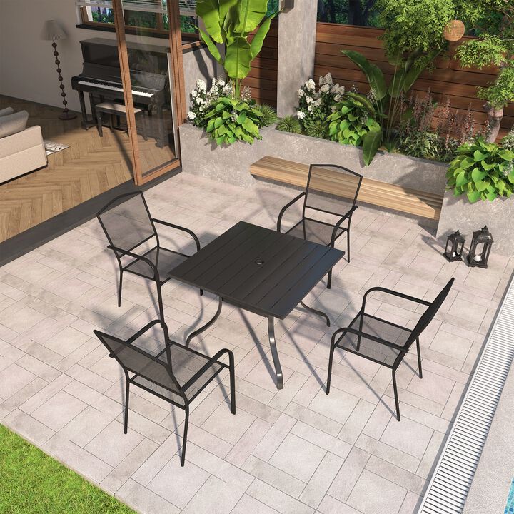 MONDAWE 5-Piece Sqare Steel Table And Steel Mesh Dining Chair Set With 4 Pcs Steel Mesh Dining Chairs, Black