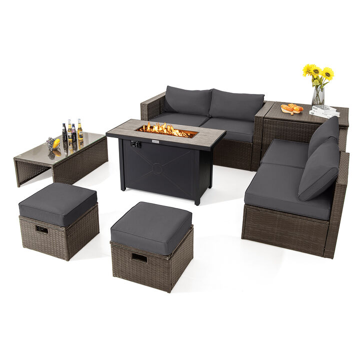 9-Piece Outdoor Patio Furniture Set with Cushions & Propane Fire Pit Table for Garden or Backyard
