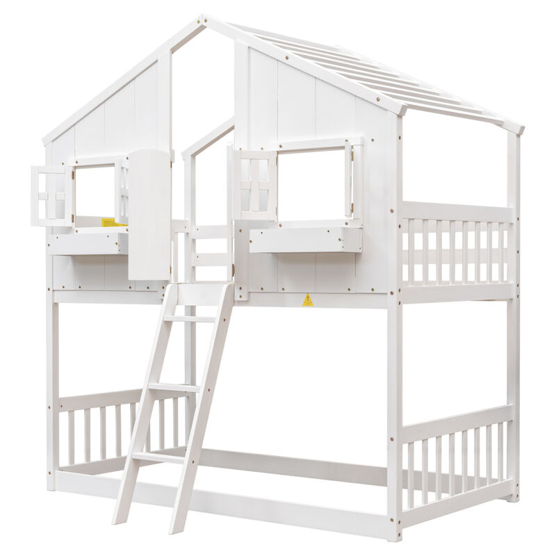 Twin Over Twin House Bunk Bed With Roof, Window, Window Box, Door, With Safety Guardrails