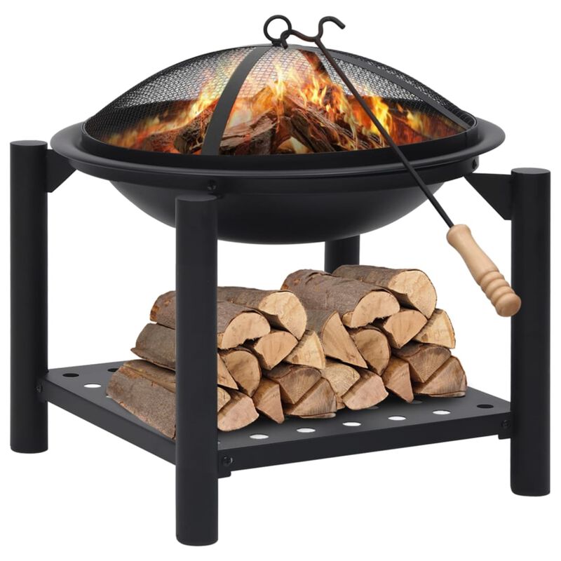 vidaXL Steel Fire Pit - Decorative Outdoor Patio, Garden Heating System with Bonus Poker, Enhanced Safety Features, Additional Storage Shelf, Scandinavian Style