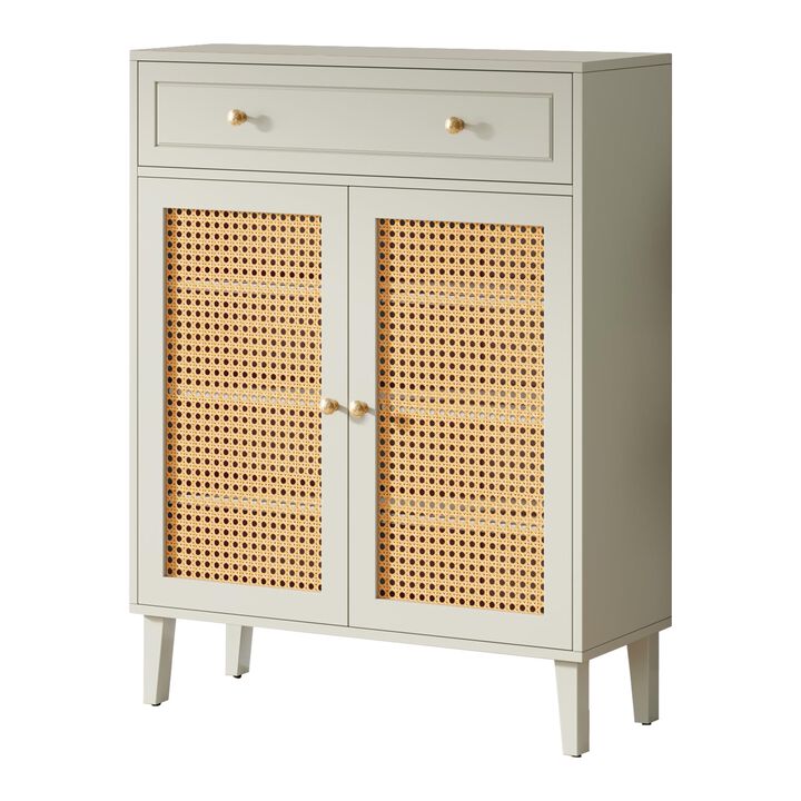 Sideboard Cabinet Console, Drawer, 2 Rattan Woven Doors, 44 Inch White - Benzara