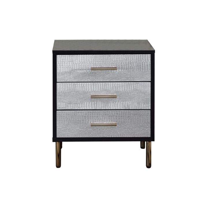 San 19 Inch Glamorous Style Nightstand, 3 Drawers, Black, Silver, Gold-Benzara