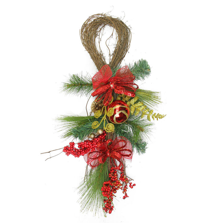26" Long Needle Pine and Berry Artificial Christmas Teardrop Swag  Unlit