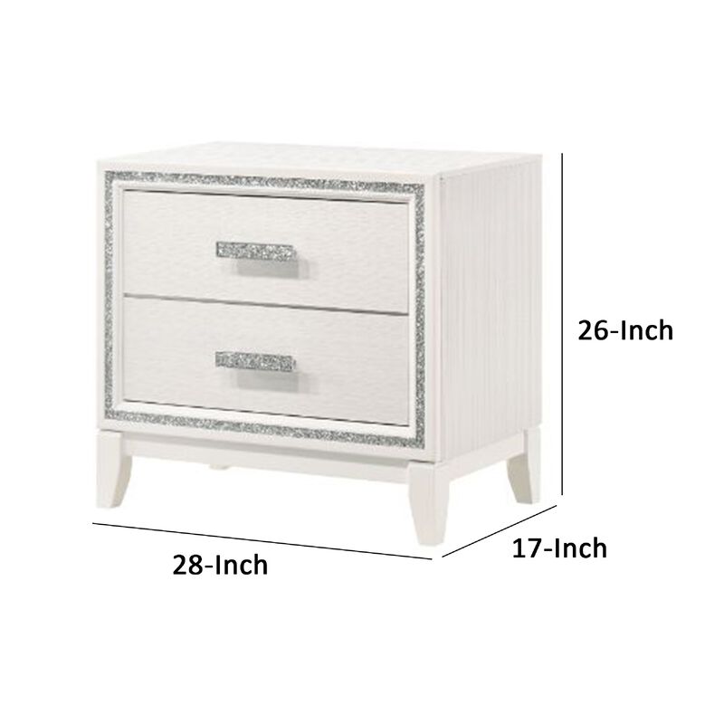 Nightstand with 2 Drawers and Shimmer Accent Trim, White-Benzara