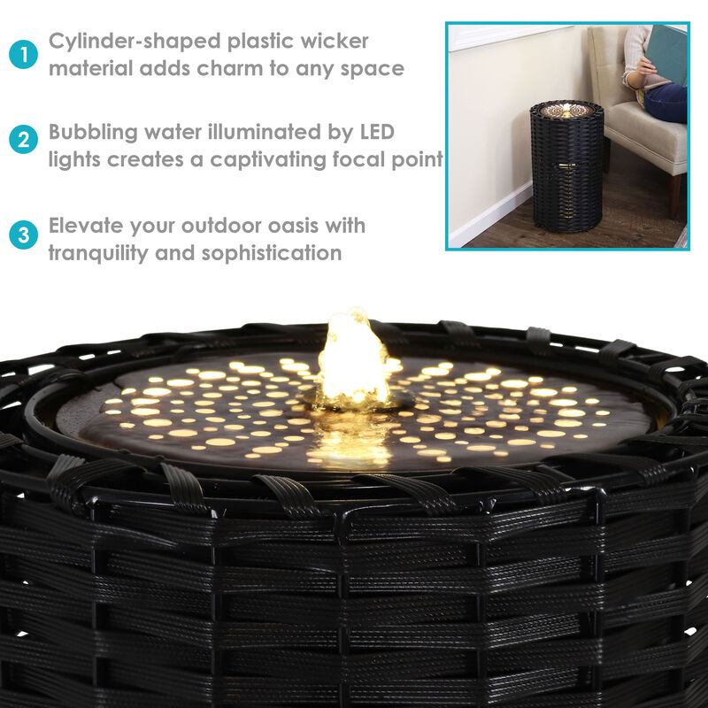 Sunnydaze Plastic Wicker Cylinder Water Fountain with LED Lights