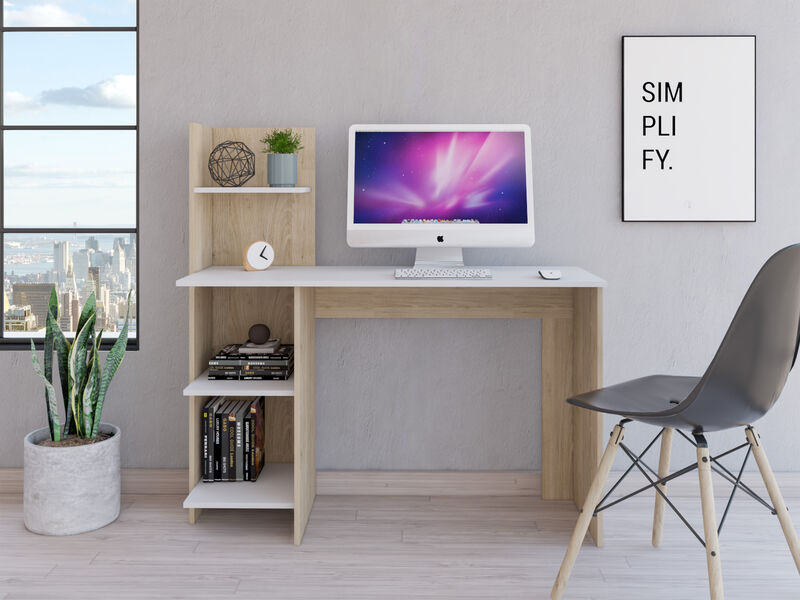 DEPOT E-SHOP Toronto 120 Writing Desk, Four Shelves, White / Pine