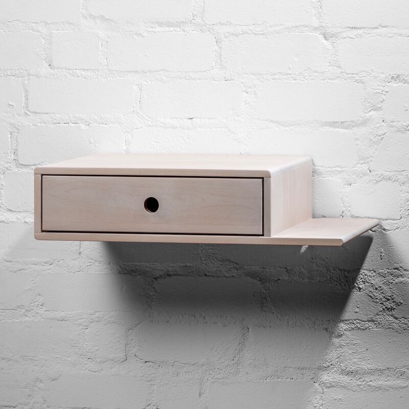 Solid Hardwood Floating  Nightstand  - Shelf On Right , Whitewash, Modern Nightstand with Drawer