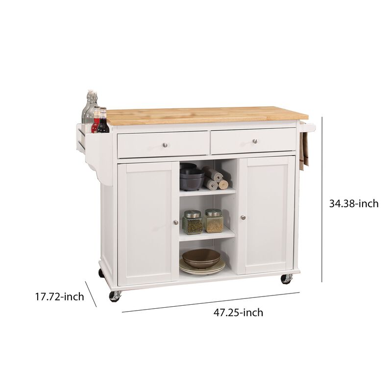 Wood Kitchen Cart, 2 Door Cabinet, Natural Brown, White-Benzara