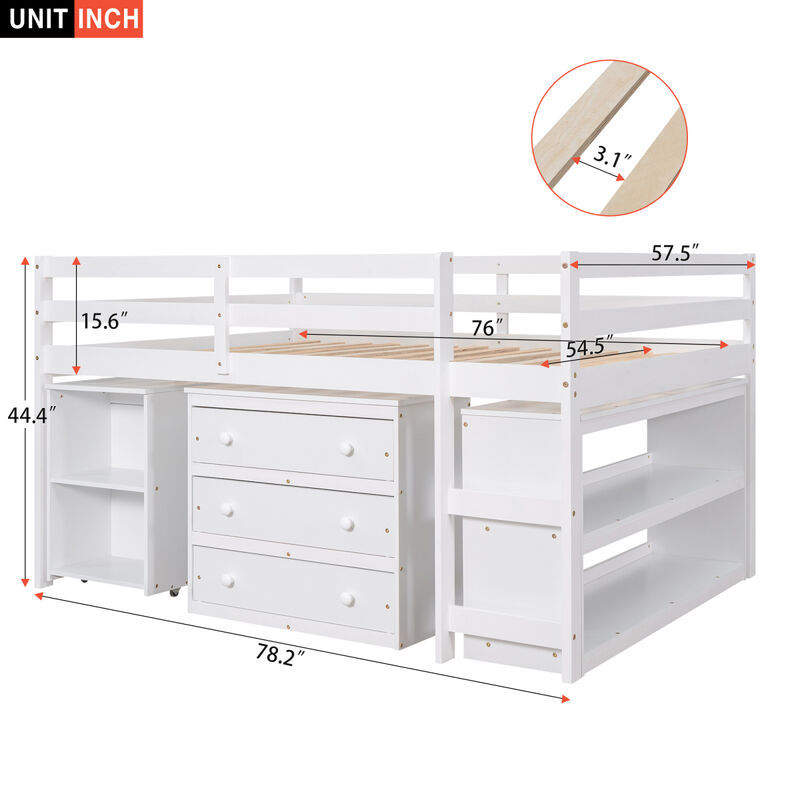 Low Study Full Loft Bed With Cabinet, Shelves And Rolling Portable Desk, Multiple Functions