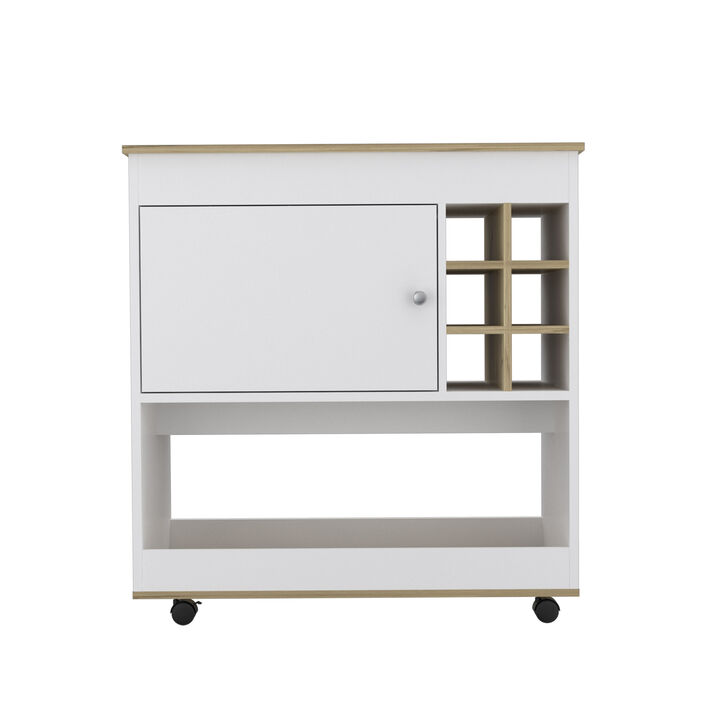 DEPOT E-SHOP Lotus Bar Cart, Six Bottle Cubbies, One Cabinet, Four Casters, Light Oak / White