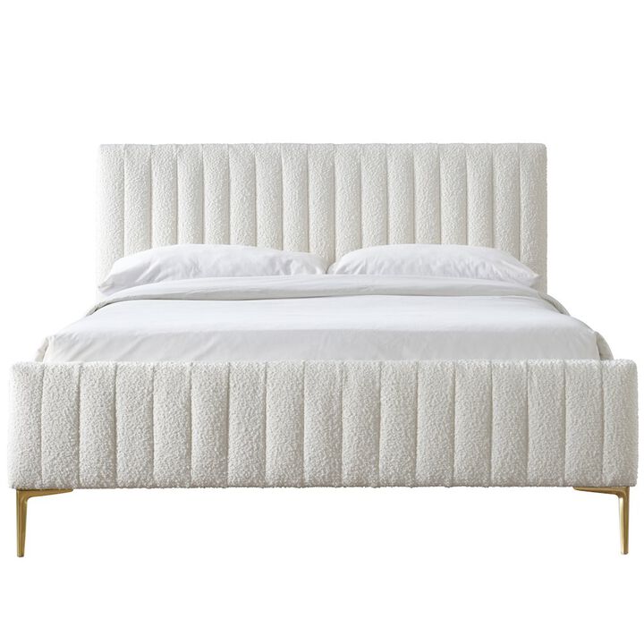 Omax Decor Julia Wood and Fabric Upholstered Queen Platform Bed in White Boucle