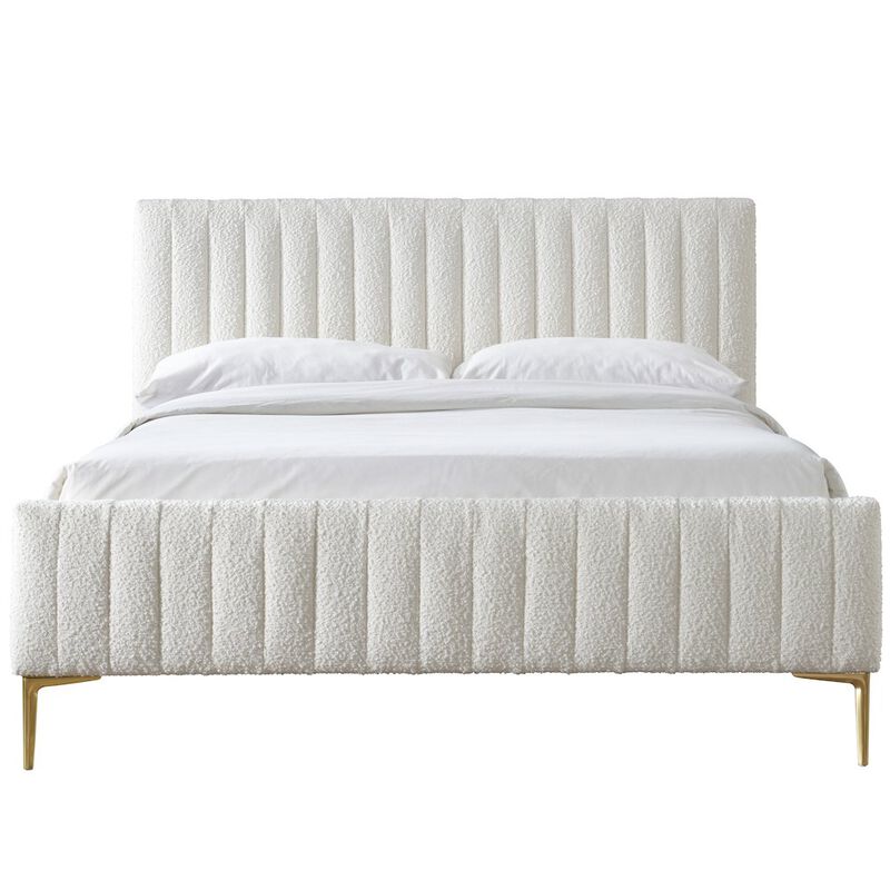 Omax Decor Julia Wood and Fabric Upholstered Queen Platform Bed in White Boucle