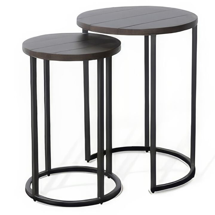 Flint 2 Piece Nesting Table Set, Dark Brown Mahogany, Black Metal Base - Benzara