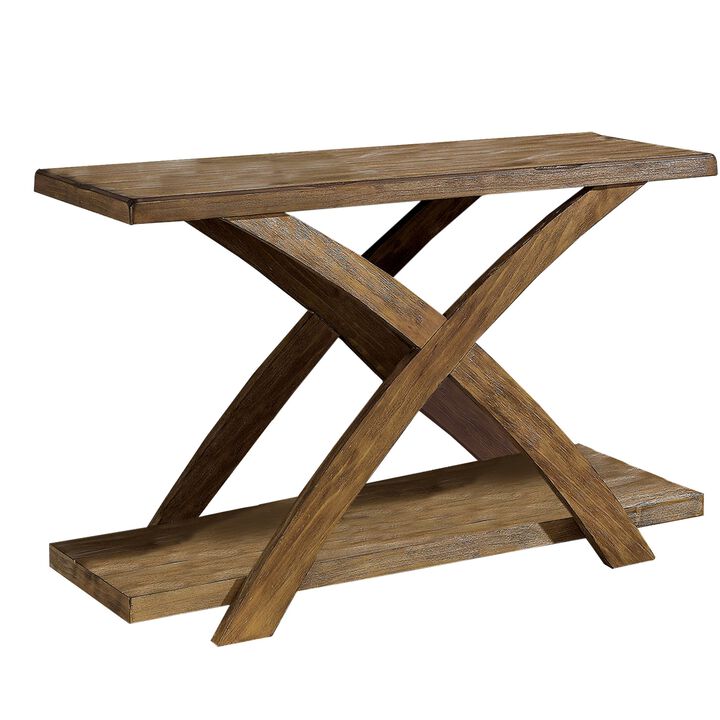 Wooden Sofa Table with Open Bottom Shelf and X Shaped Base, Antique Light Oak Brown-Benzara