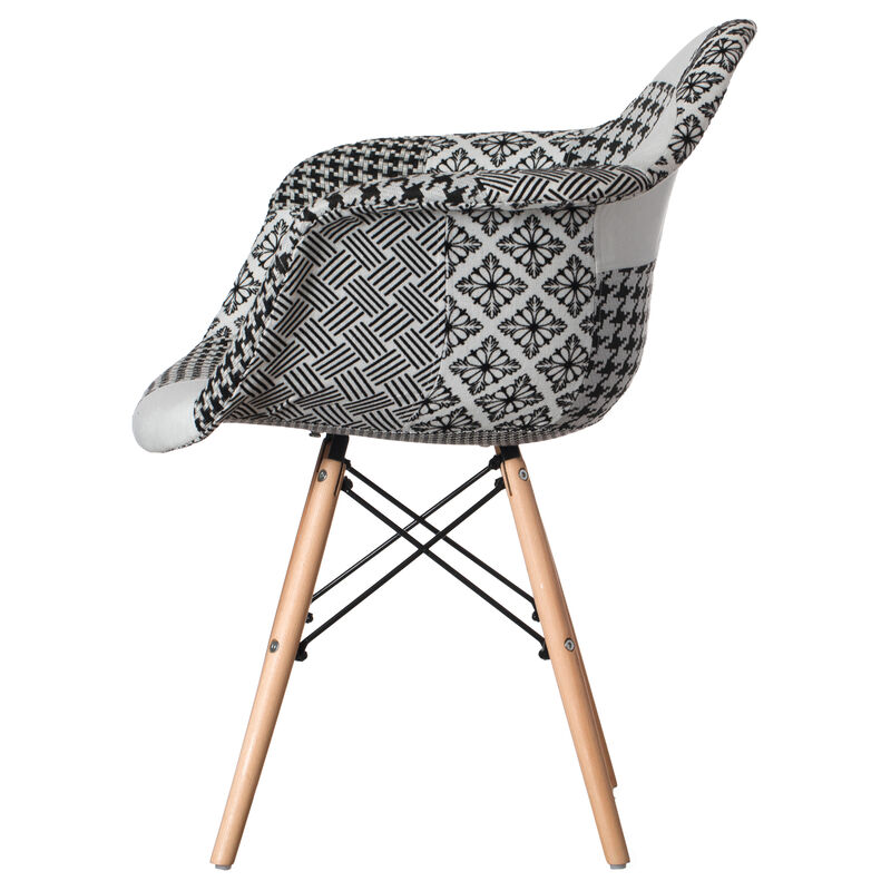 Mid-Century Modern Style Fabric Lined Armchair with Beech Wooden Legs, Black and White