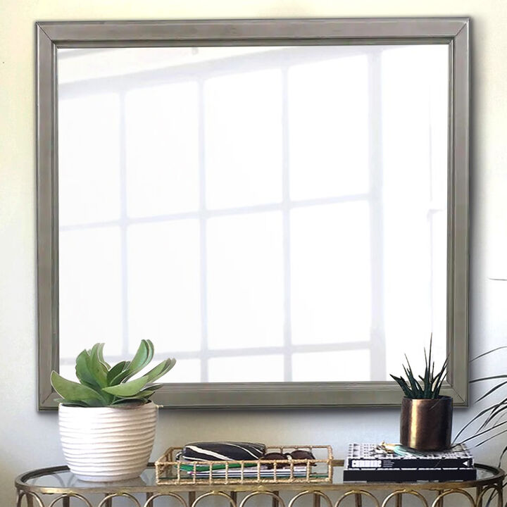 Wooden Square Mirror with Molded Details and Dual Texture, Gray-Benzara