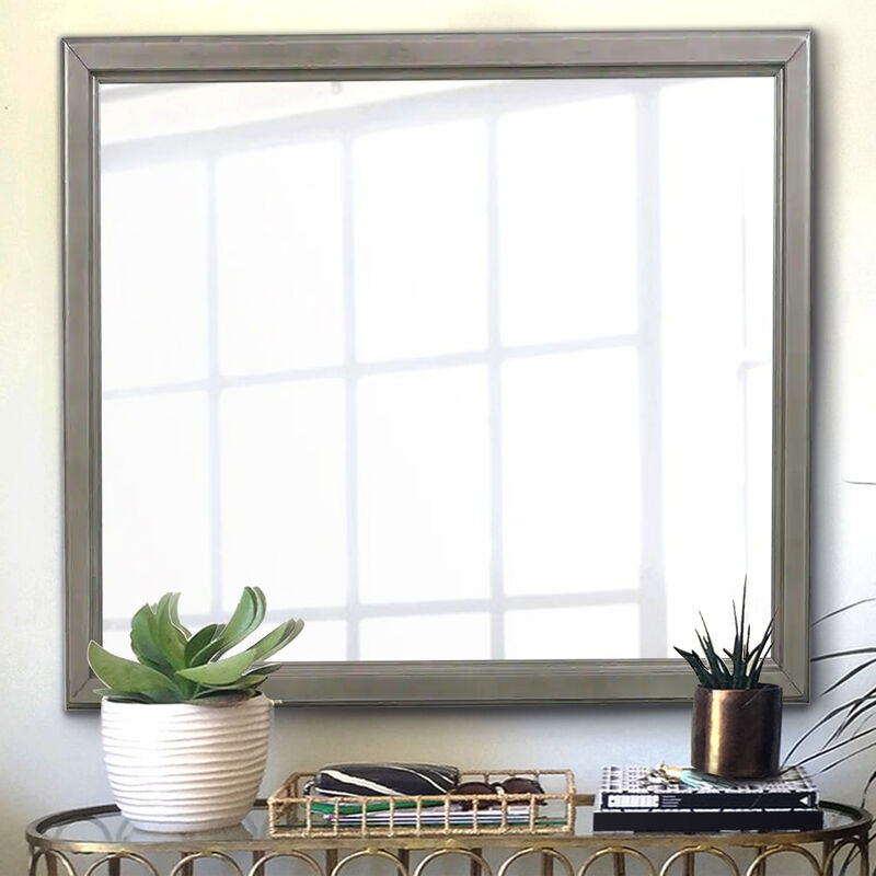 Wooden Square Mirror with Molded Details and Dual Texture, Gray-Benzara