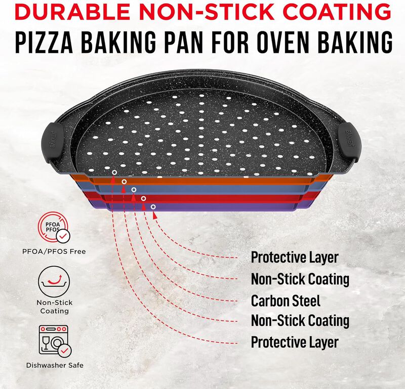 Bakken Pizza Baking Pan - Round Perforated Carbon Steel Pan with Non-Stick Marble Coating, Dishwasher Safe, High-Temperature Resistant, Durable & Easy Cleanup