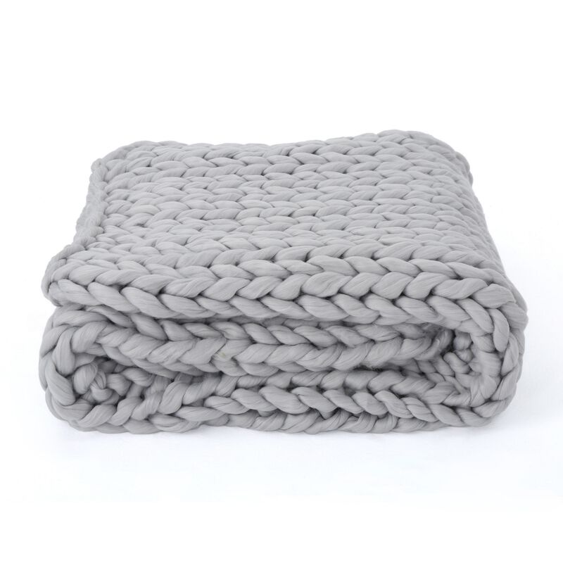 Moon Throw Blanket, 60 Inch, Knitted Design, Acrylic, Silvery Gray - Benzara